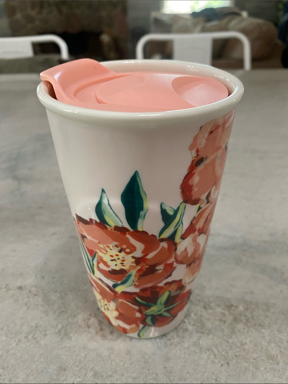 Starbucks 2015 Floral Ceramic Travel Tumbler with Pink Lid